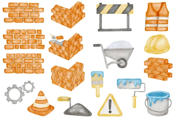 Watercolor painting set of construction items brick wall bond type safety equipment painting set warning sign cart trowel and gear