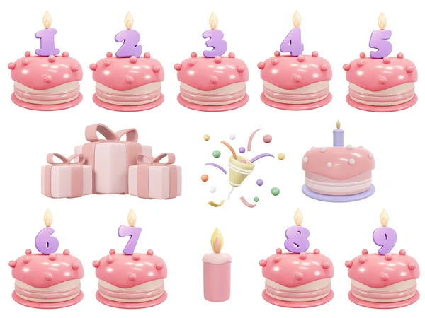 Rendering Birthday Cake Candle Number Year Old Gift Party Popper — Stock Photo, Image