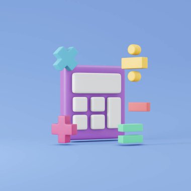 Arkaplanda hesap makinesinin ve matematik sembolünün 3 boyutlu çizimi. 3d canlandırma çizim çizim biçimi.