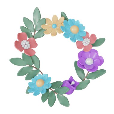 3D Rendering set of flower for round circle card or presentation decoration isolated on white background. 3d render cartoon style.