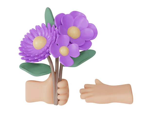 3D Rendering hand giving purple to another hand flower isolated on white background. 3d render cartoon style.