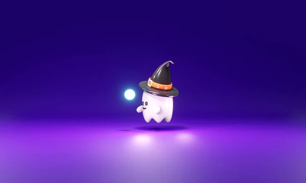 Rendering Söta Små Spöke Tittar Magiskt Ljus Koncept Halloween Bakgrund — Stockfoto