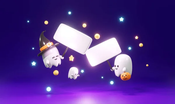 Rendering Cute Little Ghost Holding Blank Sign Concept Halloween Background — Fotografia de Stock