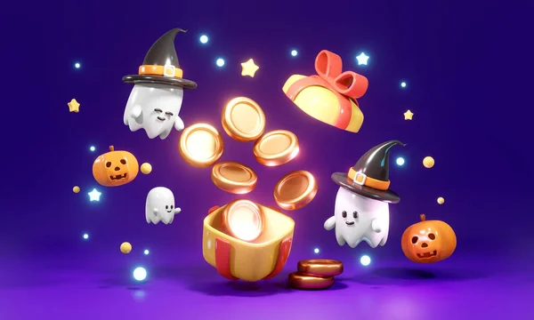 Representación Pequeño Fantasma Lindo Con Caja Regalo Abierta Con Concepto — Foto de Stock