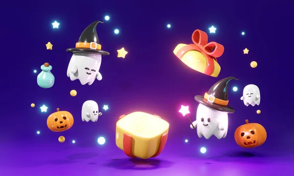 Rendering Cute Little Ghost Pudełka Prezent Otwarty Koncepcją Przestrzeni Halloween — Zdjęcie stockowe