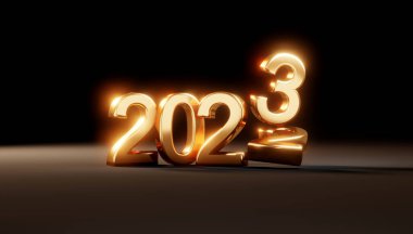 2023 'ün 3D tasarımı 2022' nin yerine altın ve siyahla mutlu yıllar. 3 Boyutlu Resim Çizimi.