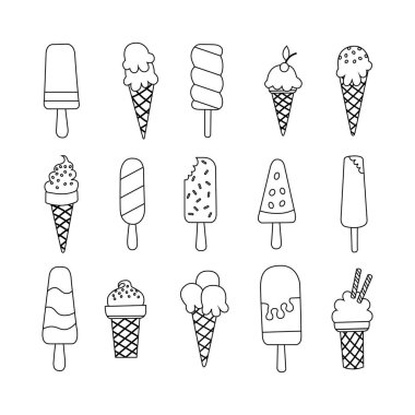 Dondurma külahı ve bar. Dondurma çizimleri koleksiyonu. Kağıt kesim tarzı tatlı dondurma.