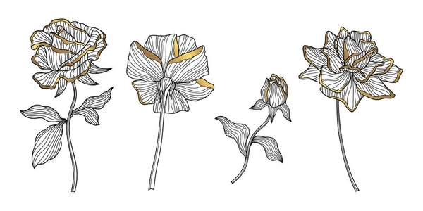 Rosa Flores Folhas Isolado Branco Ilustração Vetorial Linha Desenhada Mão — Vetor de Stock