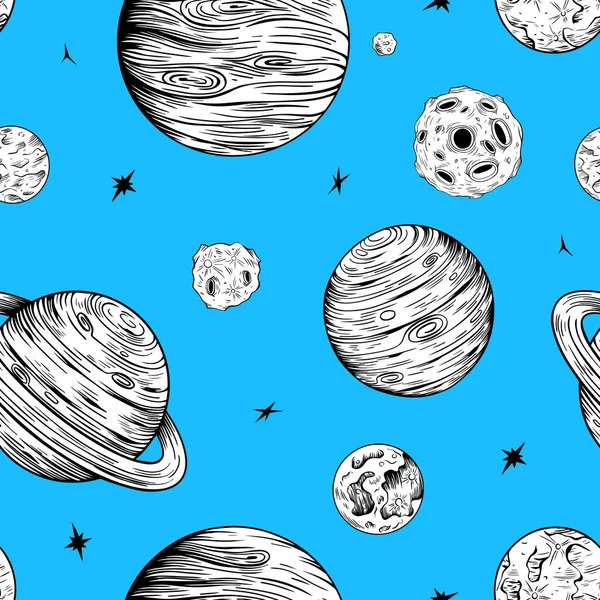 Handgezeichnete Planetenmuster Wiederholte Textur Mit Kindlichen Planeten Und Sternen Kosmische — Stockvektor