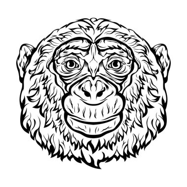 Siyah beyaz çizilmiş maymun yüzü. Vektör illüstrasyon maskot sanatı