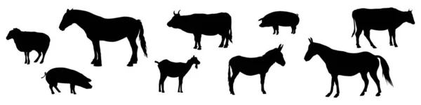 Farm Animals Silhouettes Collection Domestic Cattle Vector Illustration Set Isolated — Stock Vector