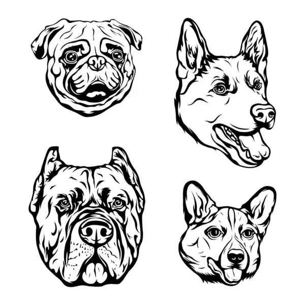 Köpeklerin el çizimi yüzü. Siyah ve beyaz vektör illüstrasyon maskot sanatı
