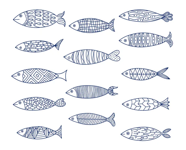 Marina Fiskar Insamling Stiliserad Fisk Lustigt Doodle Set — Stock vektor