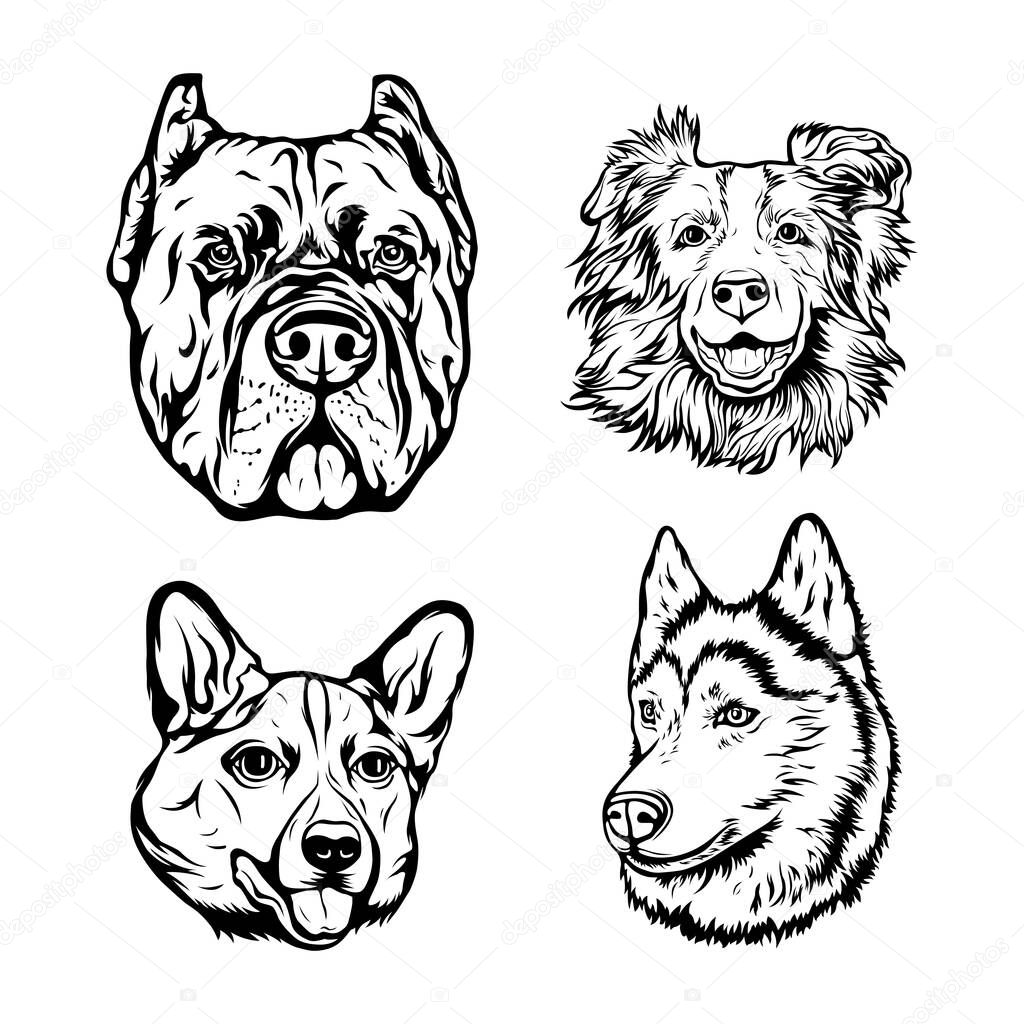 Hand drawn face of dogs. Black and white vector illustration mascot art