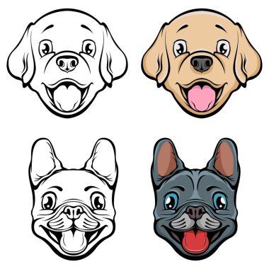 Köpeklerin el çizimi yüzü. Siyah ve beyaz vektör illüstrasyon maskot sanatı