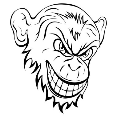 Siyah beyaz çizilmiş maymun yüzü. Vektör illüstrasyon maskot sanatı