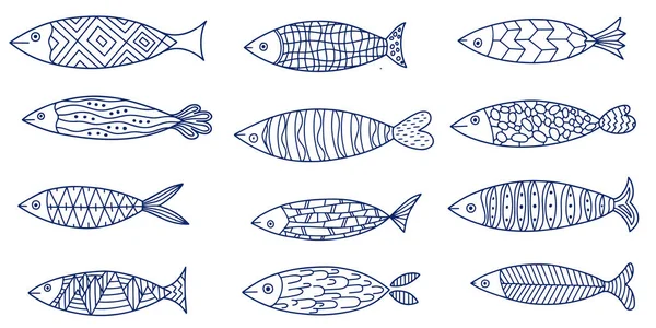 Des Poissons Marins Collection Poissons Stylisés Ensemble Doodle Drôle — Image vectorielle