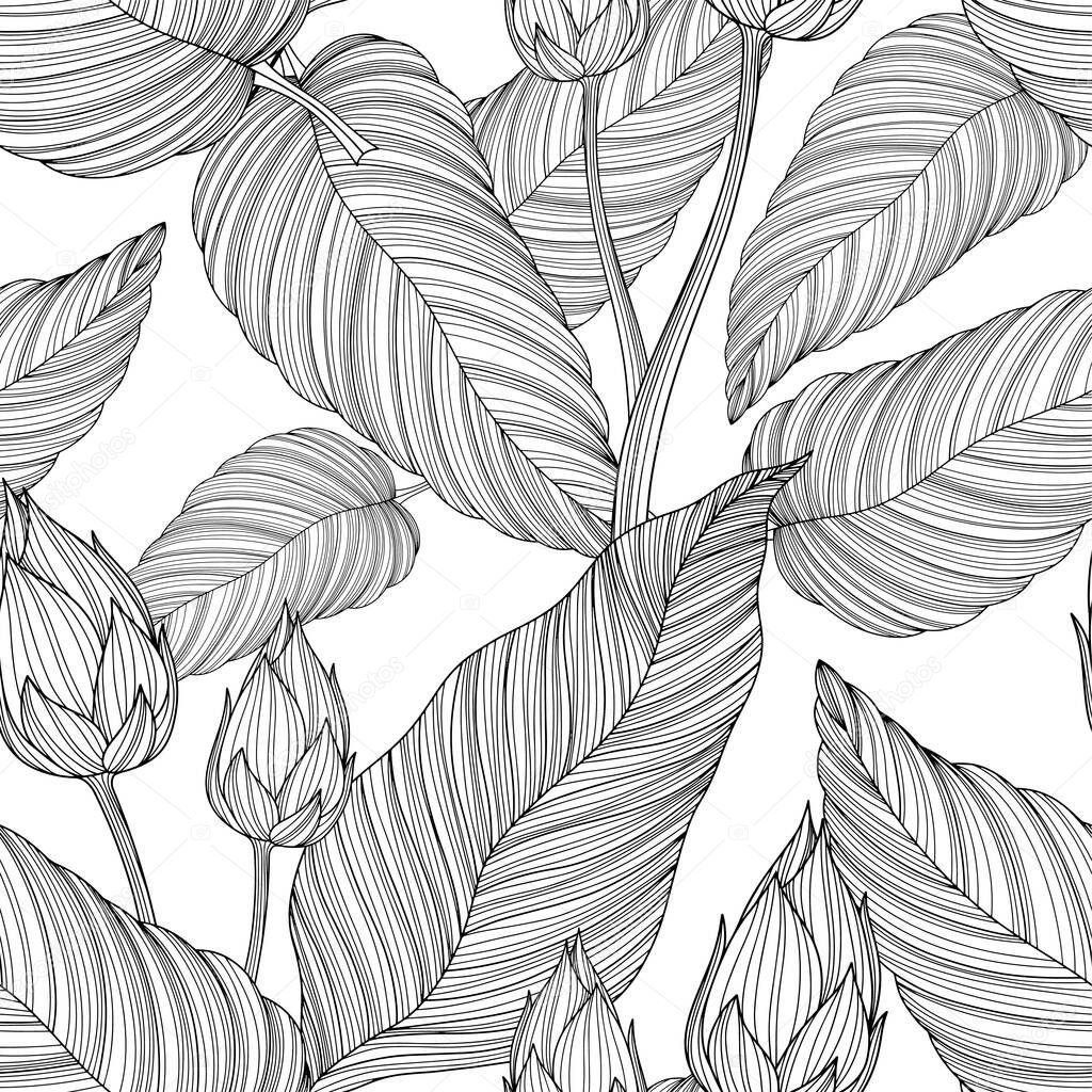 Pattern with flowers and leaves. Vector hand drawn