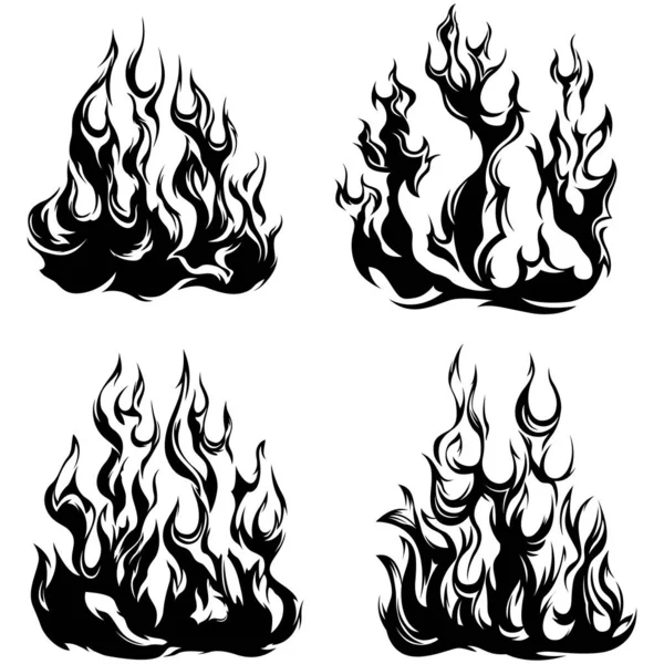 Fire Flames Isolated White Background Tribal Tattoo Design Set — 스톡 벡터