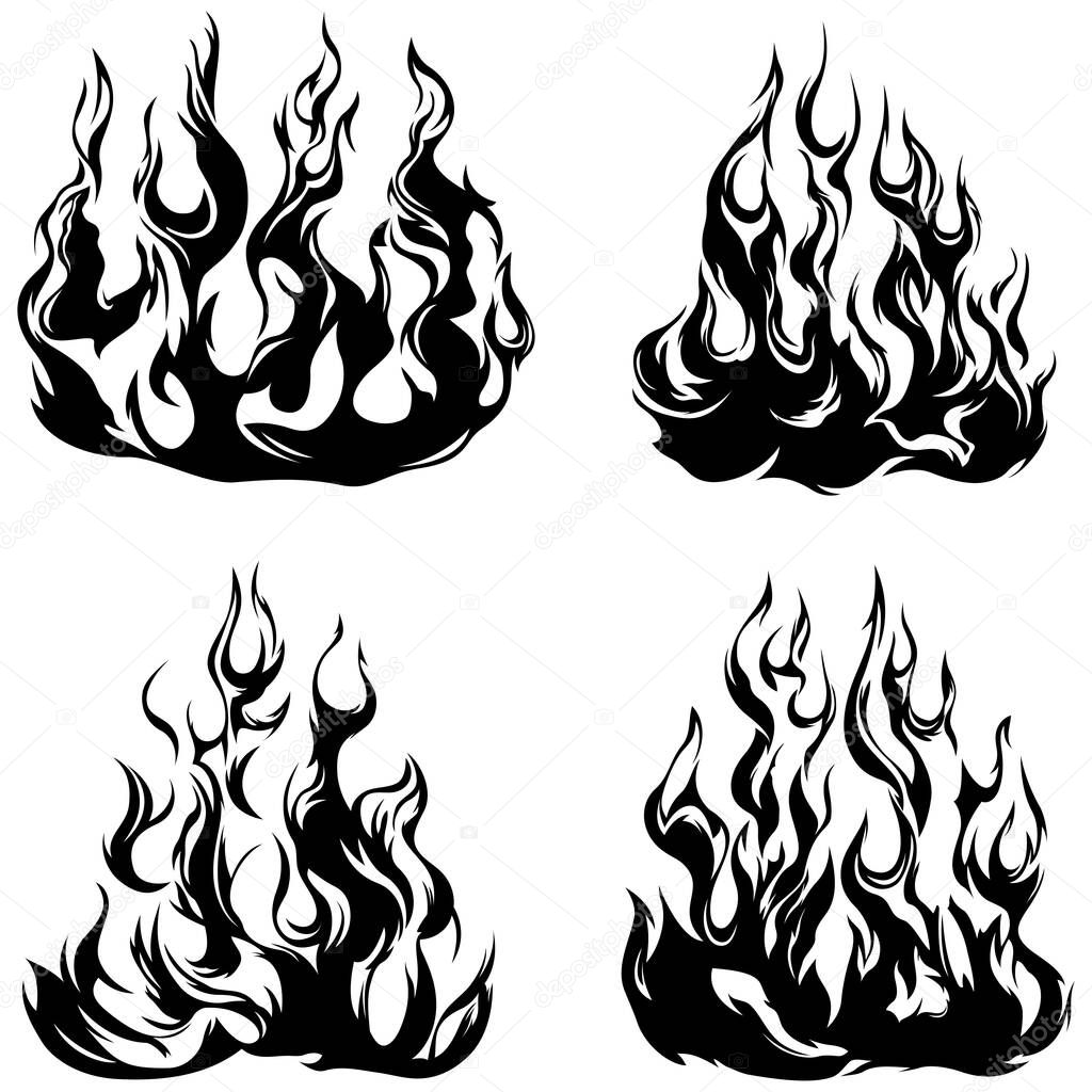 Fire flames isolated on white background. Tribal tattoo design set.