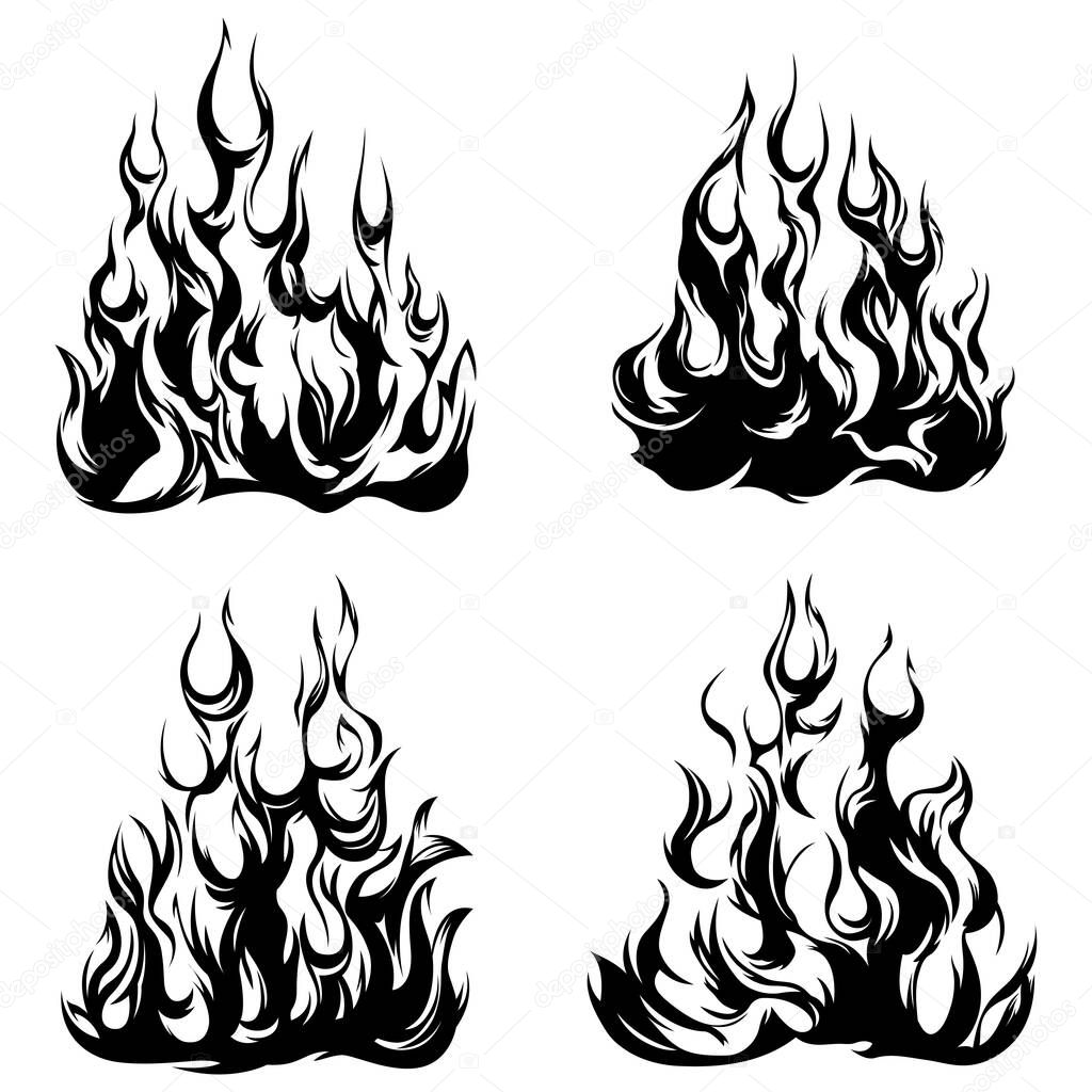 Fire flames isolated on white background. Tribal tattoo design set.