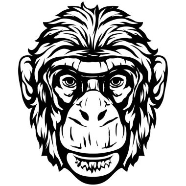 Siyah beyaz çizilmiş maymun yüzü. Vektör illüstrasyon maskot sanatı