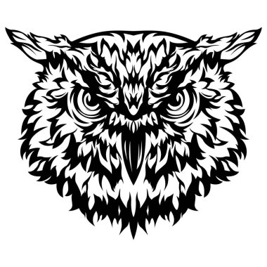 Baykuş vektörü izole edildi. Beyaz arkaplan görüntüsünde siyah renk. Vahşi kuş tasarımı ve dövmesi.
