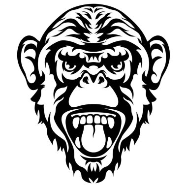 Kızgın maymunun siyah beyaz yüzü. Vektör illüstrasyon maskot sanatı