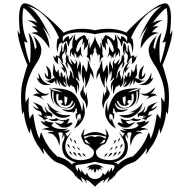 Kötü kedi. Vektör izole illüstrasyon. Beyaz arkaplan görüntüsünde siyah renk. Vahşi hayvan tasarımı ve dövmesi.