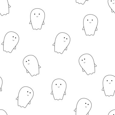 Beyaz arka planda on hayaletin kusursuz deseni, çizgi film Cadılar Bayramı çizimi