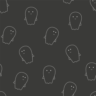 Siyah arka planda on hayaletin kusursuz deseni, çizgi film Cadılar Bayramı çizimi