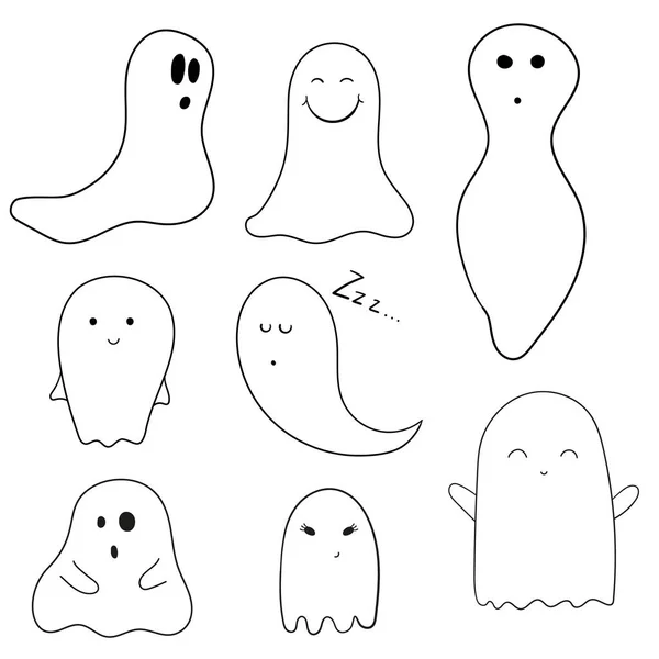 10 幽霊概要漫画ハロウィーンのベクトル図、白地に分離された様々 なキャラクターとのセット — ストックベクタ