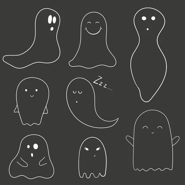 黒を背景に様々なキャラクターが孤立した10体のゴーストアウトラインのセット、漫画ハロウィンベクトルイラスト — ストックベクタ