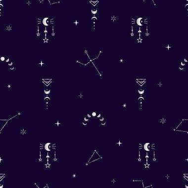 Gök cisimlerinin desenleri: yıldızlar, takımyıldız, ay. Uzay böcekleri. Koyu arkaplanda gradyanı olan vektör illüstrasyonu. Sihirli ve sarkık işaretler