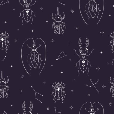 Gök cisimlerinin desenleri: yıldızlar, takımyıldız, ay. Uzay böcekleri. Karanlık bir arka planda vektör çizimi. Sihirli ve sarkık işaretler