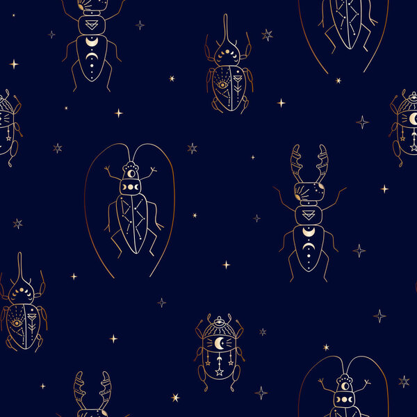 Seamles pattern with celestial bodies: stars, constellation, moon. Space insects. Vector illustration with gradient on a dark background. Magic and withcy signs