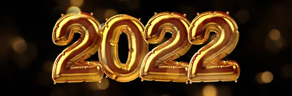 3D Render van gouden opblaasbare folie ballonnen gezet met bokeh lichten. Banner voor webdesign — Stockfoto