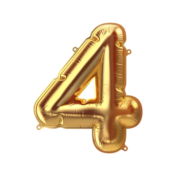 3D Render złotego nadmuchiwanego balonu foliowego rysunek cztery. Element dekoracji partii — Zdjęcie stockowe