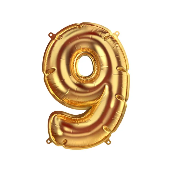 3D Render da figura inflável dourada nove do balão da folha. Elemento de decoração de festa — Fotografia de Stock