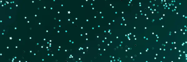 Festive blue green background with many silver stars. Christmas, New Year or Birthday theme concept. Banner — Stock Photo, Image