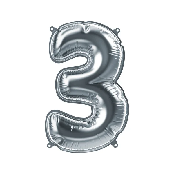 3D Render de prata inflável folha balão figura três. Elemento de decoração de festa — Fotografia de Stock