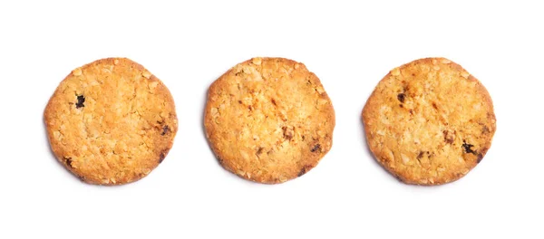 Trois biscuits au beurre à la vanille isolés sur fond blanc. Vue rapprochée — Photo