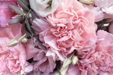 Yumuşak, açık pembe çiçek buketi yakın plan. Güller ve orkideler duvar kağıdı. Bir doğum günü için güzel arkaplan