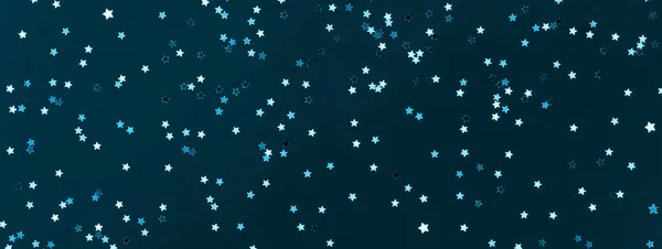 Bannière de Festive fond bleu vert avec de nombreuses étoiles d'argent. Noël, Nouvel An ou Anniversaire concept de thème — Photo
