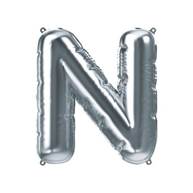 3D Render of silver inflatable foil balloon letter N. Party decoration element
