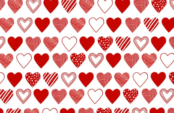 Ilustración dibujada a mano corazones rojos. Patrón brillante para el día de San Valentín —  Fotos de Stock