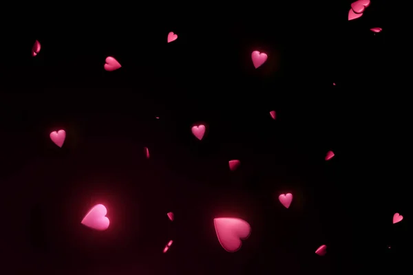 3D Vykreslení mnoha malých růžových srdcí na černém pozadí. Svatý Valentýn — Stock fotografie