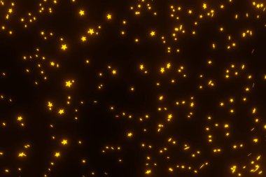 Birçok küçük sarı turuncu parçacık ve yıldızın 3D görüntüsü