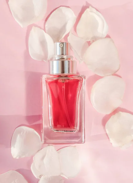 Flacon de parfum transparent couché sur fond rose avec pétales de rose — Photo