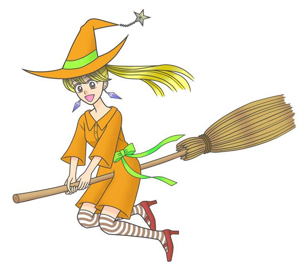 A cute girl with ponytail hair flying on a broom